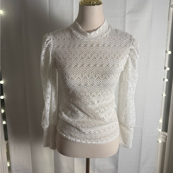 Cream Ribbed Blouse with Puff Sleeves and Mandarin Collar - Picture 1 of 7
